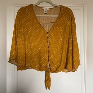 Urban romantics mustard yellow polka dot tie front blouse